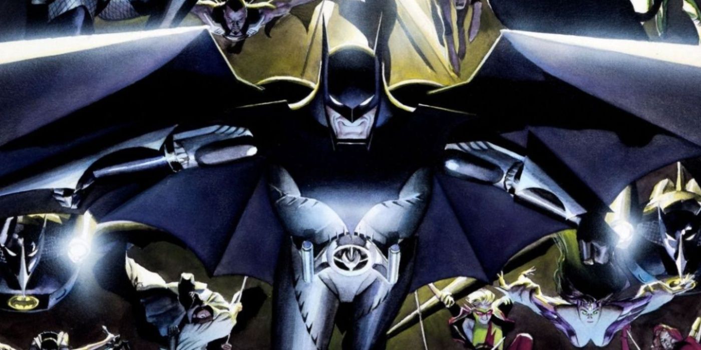 Batman wearing his Nano-Mech Armor, dodging an attack from Superman.