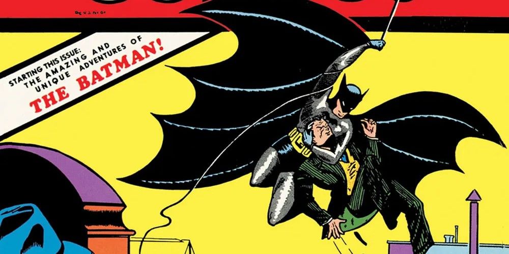 Batman swings in his first appearance on the cover of in Detective Comics #27.