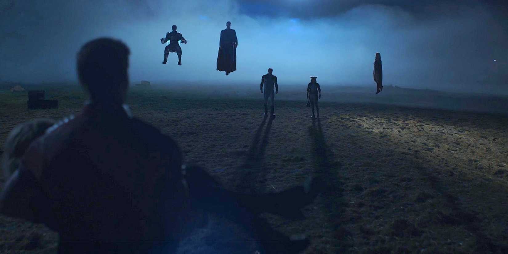 Peacemaker carrying Harcourt with silhouettes of the Justice Gang