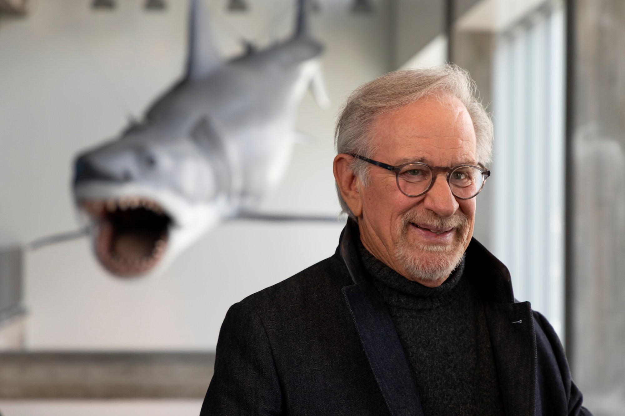 Steven Spielberg poses inside the Academy Museum during a press preview of the new Jaws: The Exhibition on Sept. 10, 2025.
