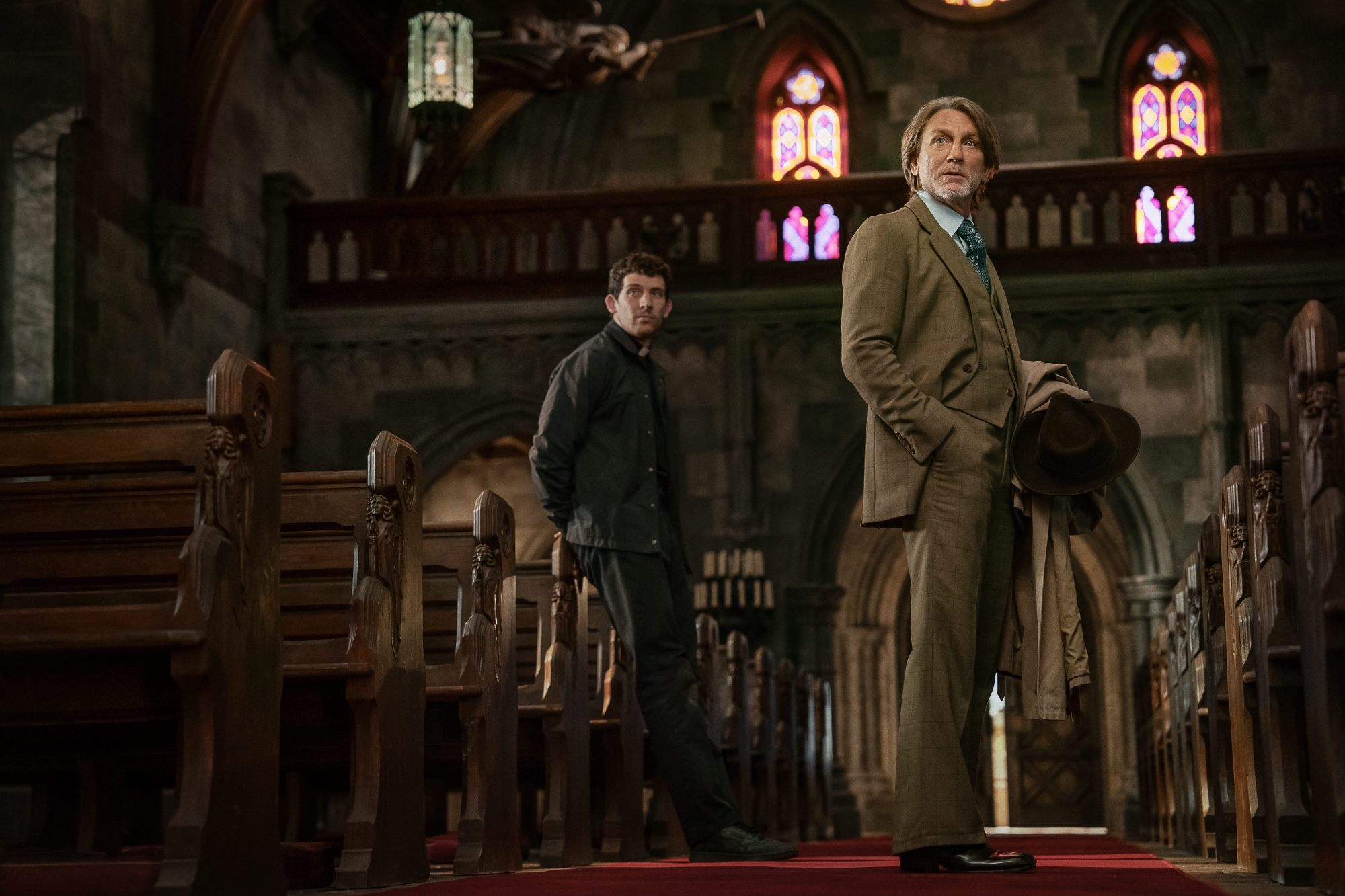 Josh O’Connor as Jud Duplenticy and Daniel Craig as Benoit Blanc in 'Wake Up Dead Man: A Knives Out Mystery.'