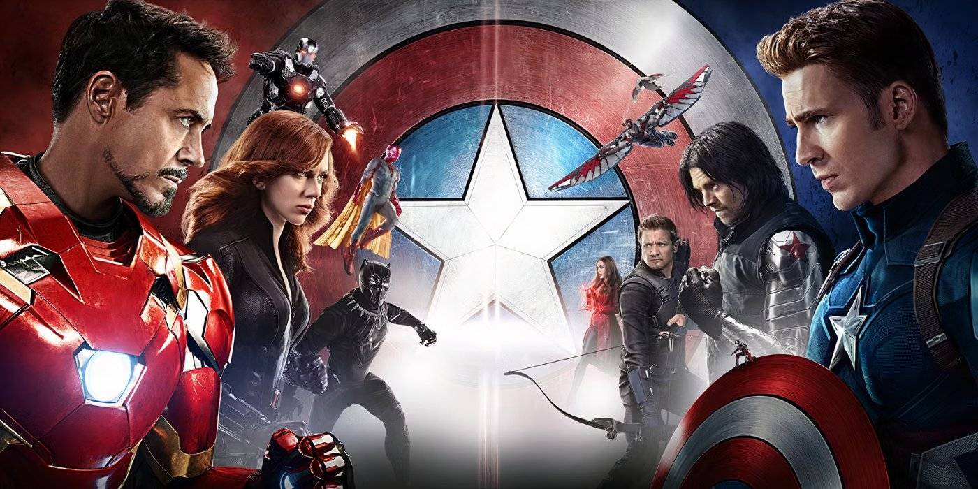 Chris Evans as Captain America and Robert Downey Jr. as Iron Man headlining the poster of Captain America: Civil War.