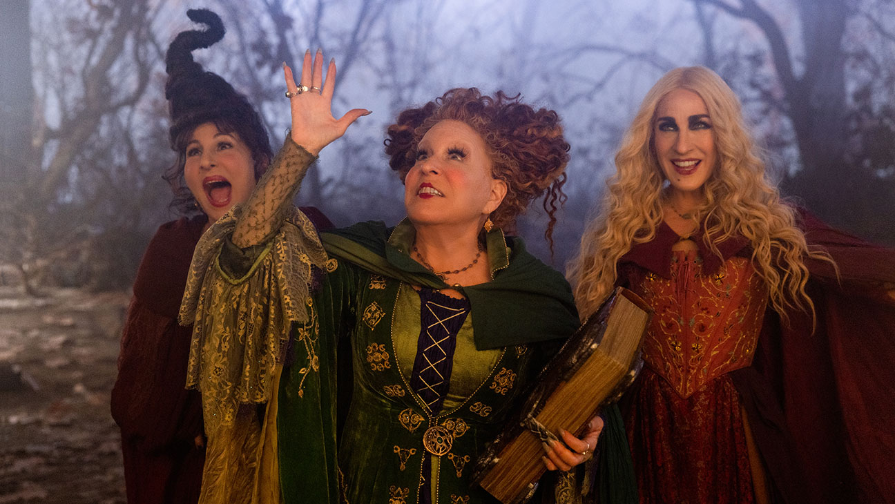 Kathy Najimy as Mary Sanderson, Bette Midler as Winifred Sanderson, and Sarah Jessica Parker as Sarah Sanderson in Disney's live-action HOCUS POCUS 2