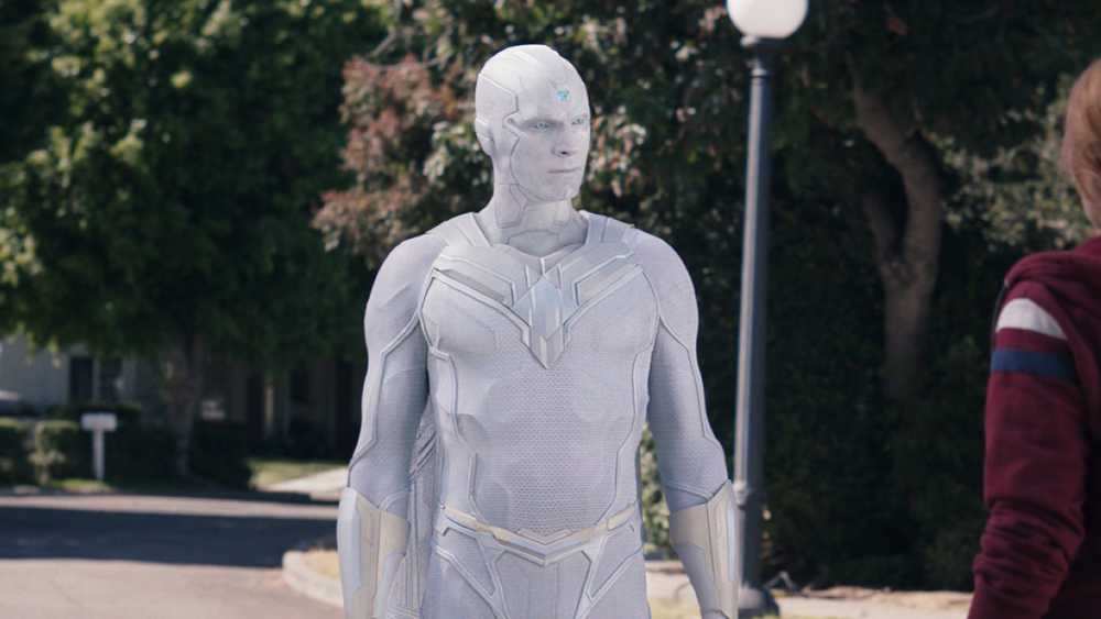 Paul Bettany's White Vision looking at Wanda from Wandavision