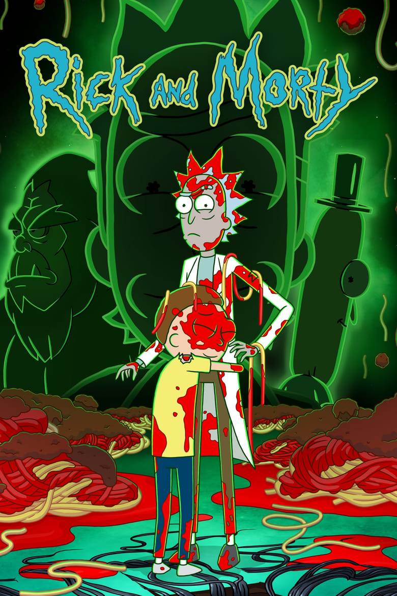 A spaghetti-splattered Morty Smith is hugging an equally spaghetti-splattered Rick Sanchez, who looks bewildered, on the poster for Rick and Morty.