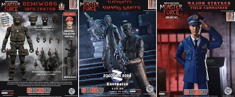 BigBadWorkshop Operation Monster Force Major Stryker, Zolocon Exclusive Blackwatch Shadow Wraith and Demiworg Infiltrator Figures