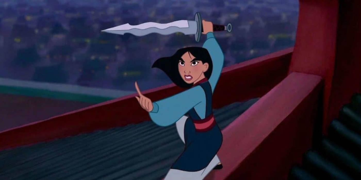 Mulan holds a sword as she fights Shan-Yu on a rooftop in Disney's animated Mulan