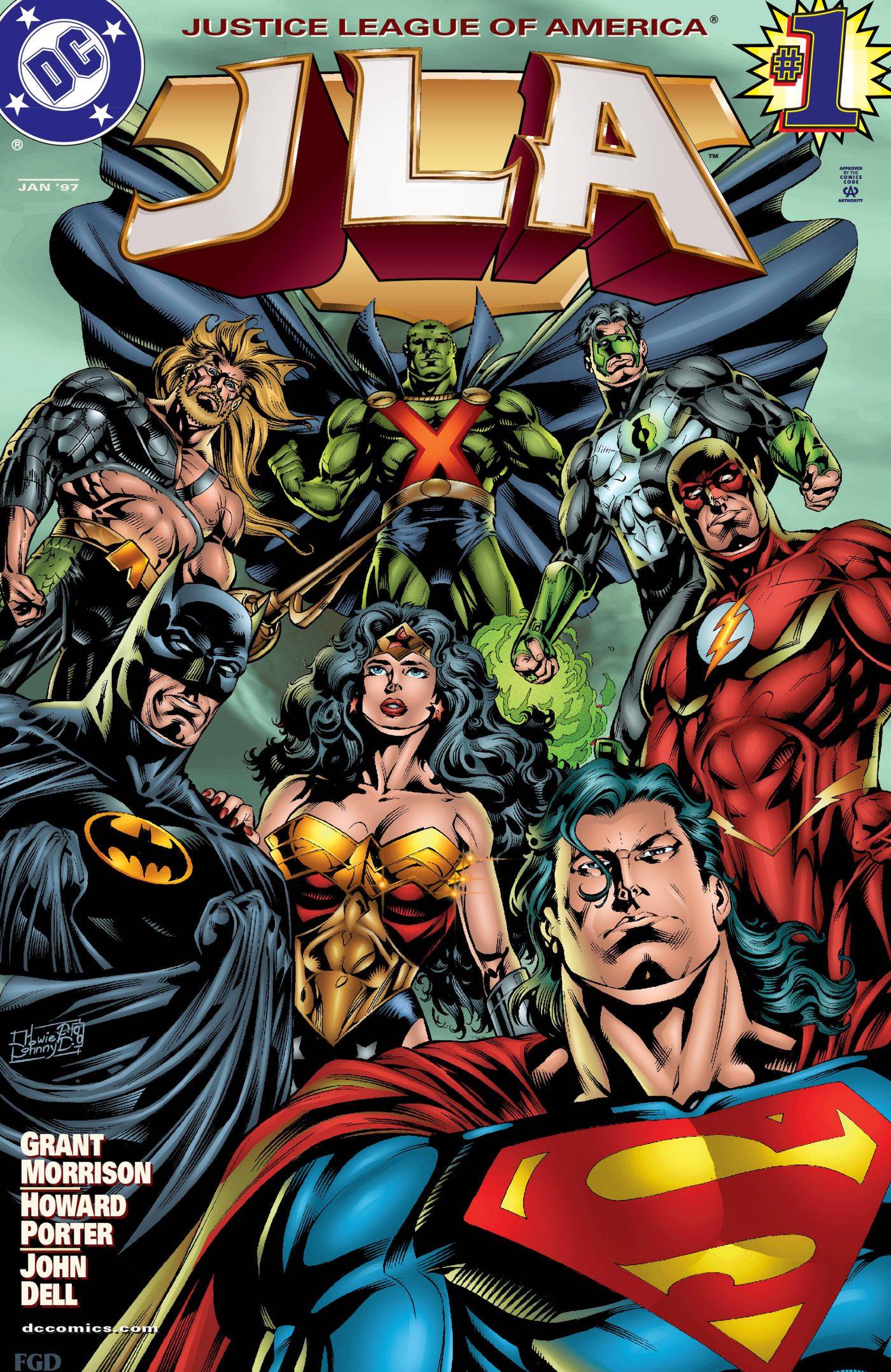 The Justice League, featuring Superman, Batman, Wonder Woman, and more, pose together on the Justice League of America Vol. 1 comic cover.