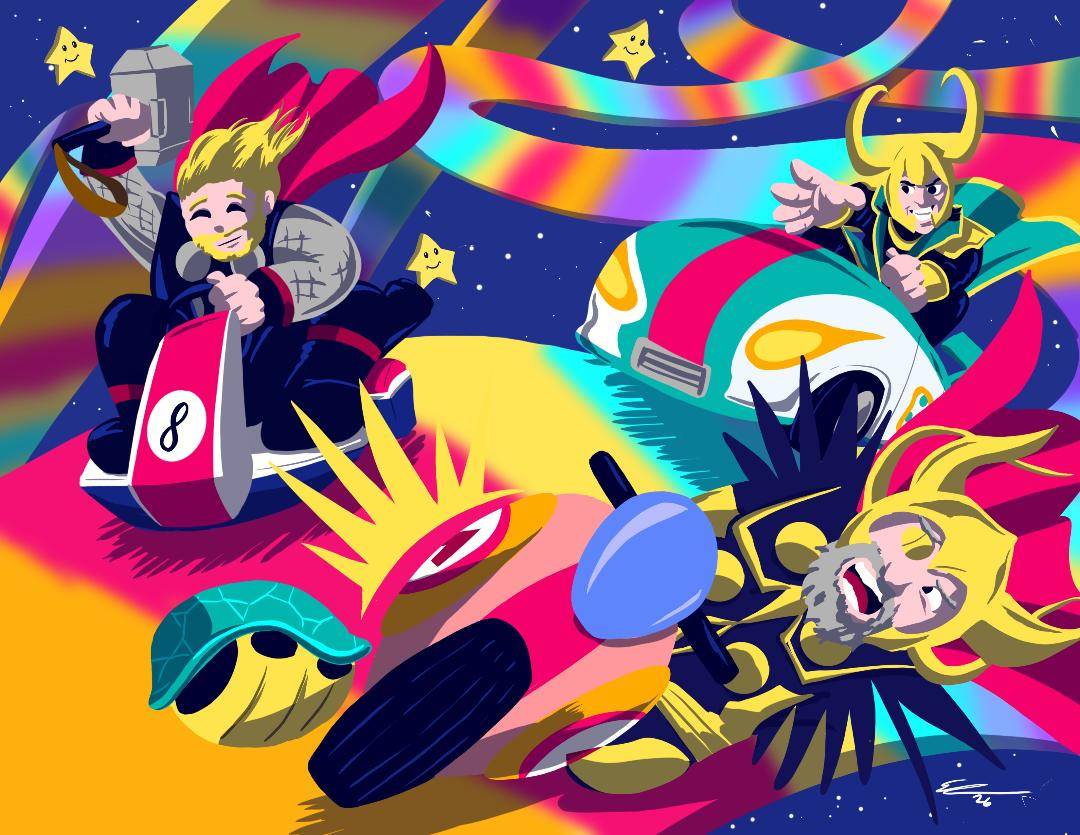 Drawing of Thor and Loki in Super Mario Kart